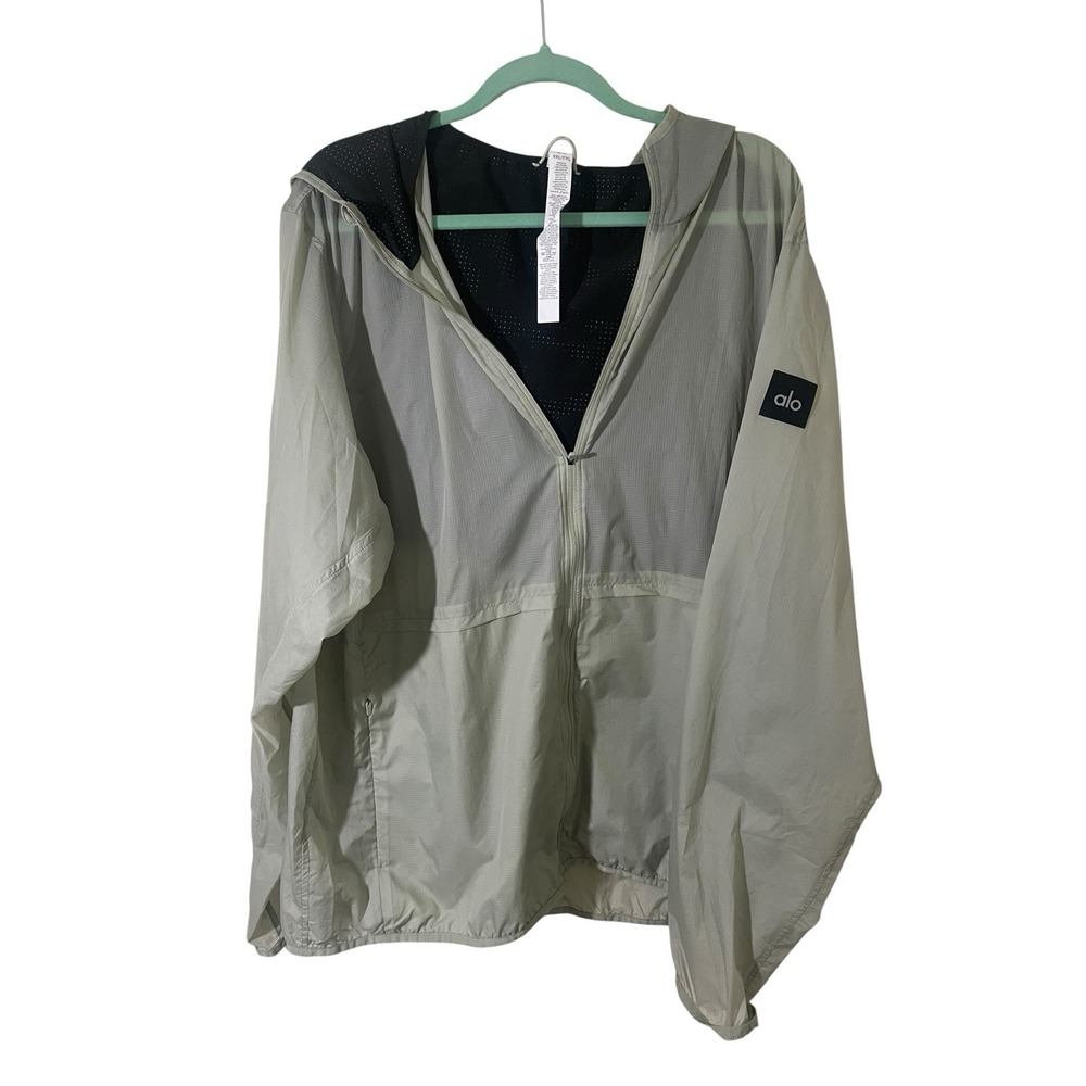 ALO Yoga Repeat Hooded Running Jacket Full Zip Windbreaker Mens XXL Gray EUC